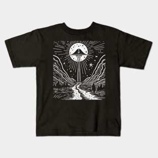 Black and White UFO Invasion Art - Monochrome Extraterrestrial Design Kids T-Shirt